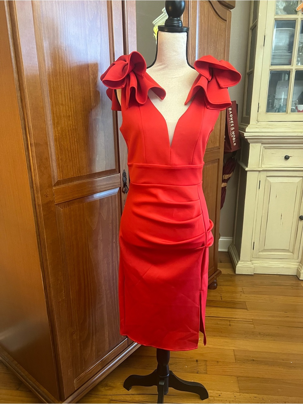 Red Ruffle Shoulder V-Neck Mini Dress - Picture 2 of 6